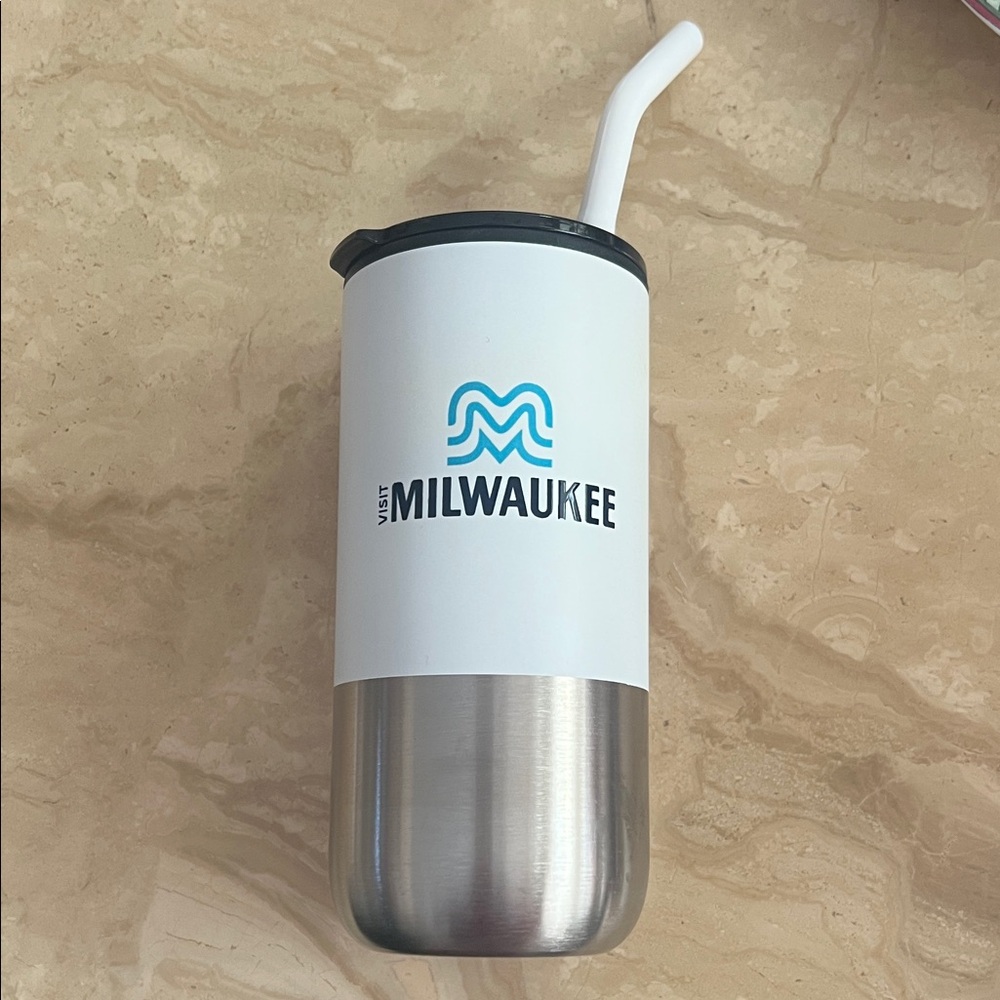 Visit Milwaukee White and Silver Stainless Tumbler with Straw - Brand New!